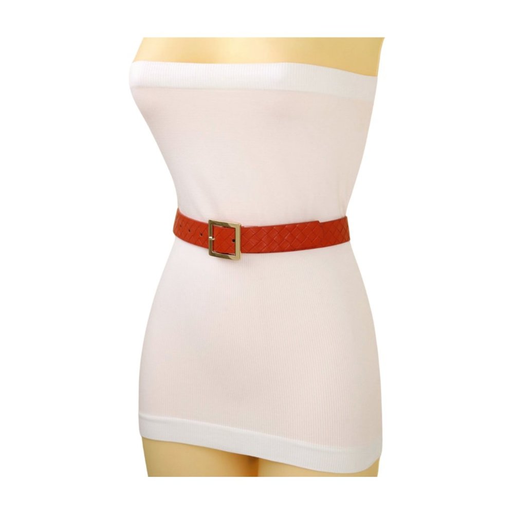 Women Orange Color Basket Weave Skinny Belt Gold Metal Square Buckle Size S M - Picture 3 of 17